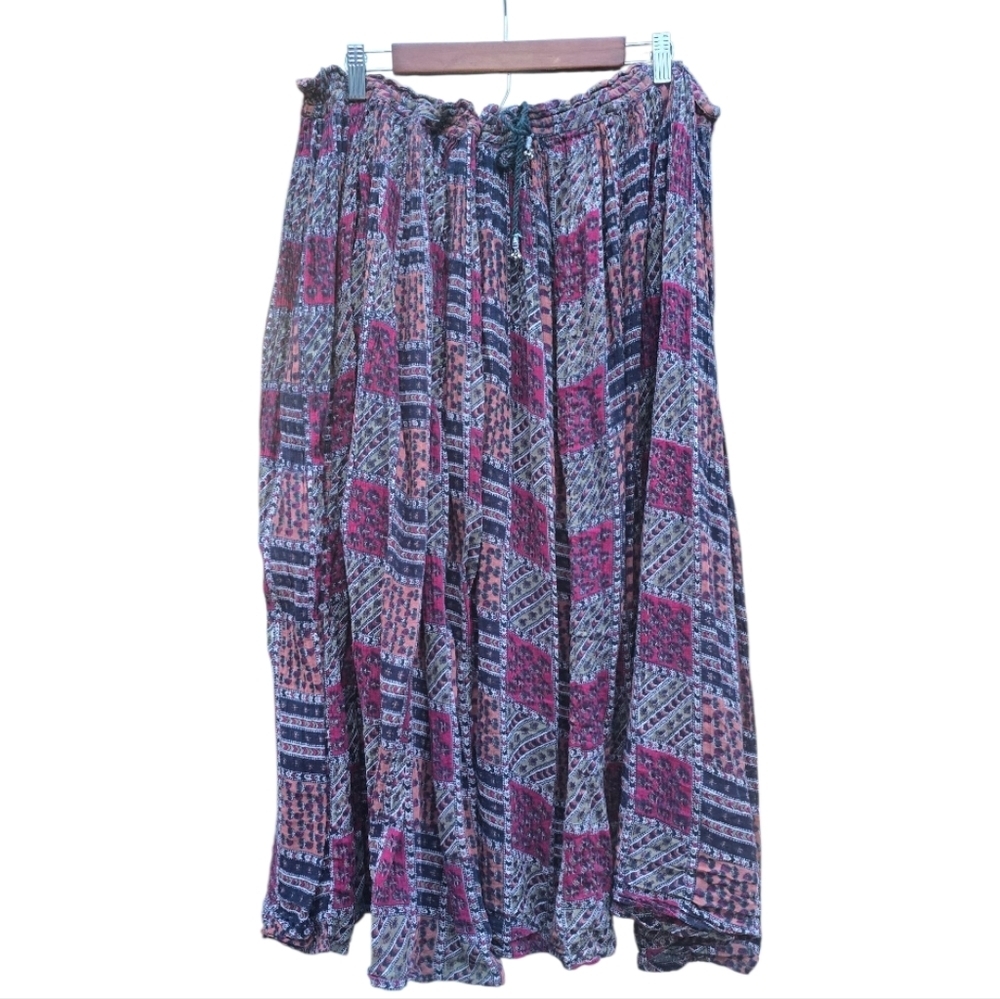 Vintage Cotton Express Boho Geometric Maxi Broom Skirt Red Tan Medium Bells